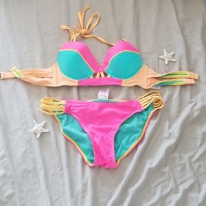 Super cute bright bikini set. Peach, pink, aqua